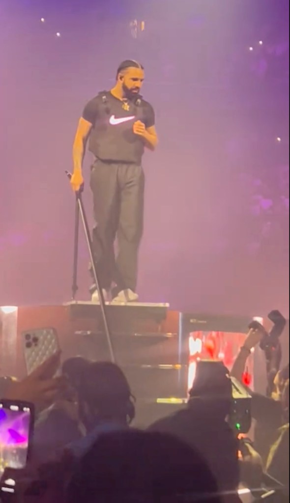The Canadian rapper can be seen bending over and picking the garment and sniffing it after it landed on stage partway through his performance — before asking the audience to track down the owner of the item.