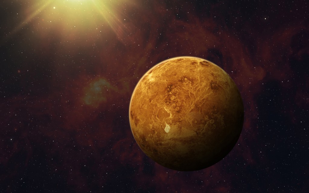 View of planet Venus from space. Space, nebula and planet Venus. ----- Elements of this image furnished by NASA. Url(s): https://photojournal.jpl.nasa.gov/catalog/?IDNumber=PIA00271
https://images.nasa.gov/details-PIA23405
Software: Adobe Photoshop CC 2015. Knoll light factory. Adobe After Effects CC 2017.