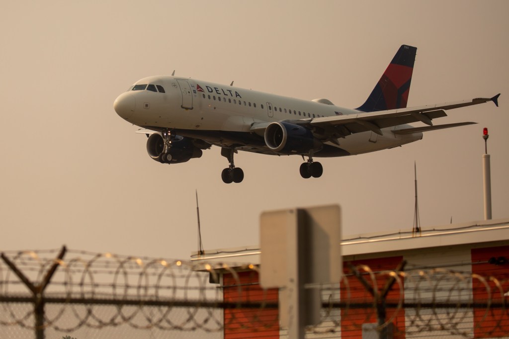A Delta Air Lines plane is seen arriving at LaGuardia Airport in New York.