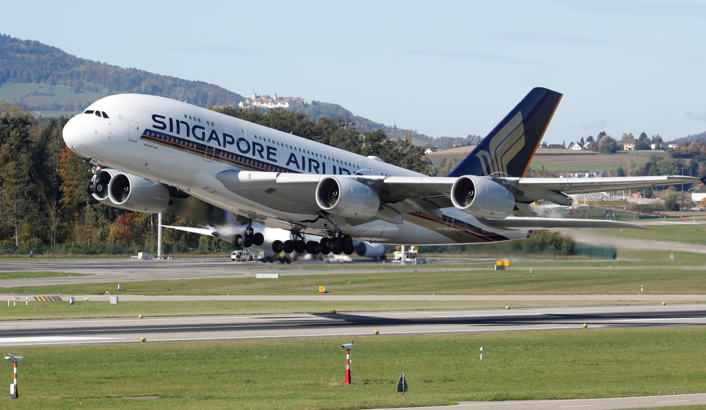 An Airbus A380-800 aircraft of Singapore Airlines takes off from Zurich airport.