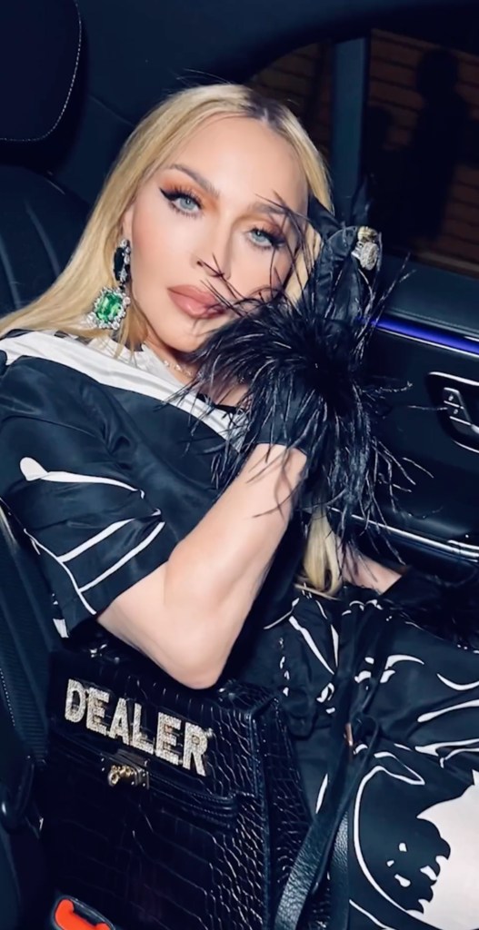 Photo of Madonna in a pair of feathered gloves. 