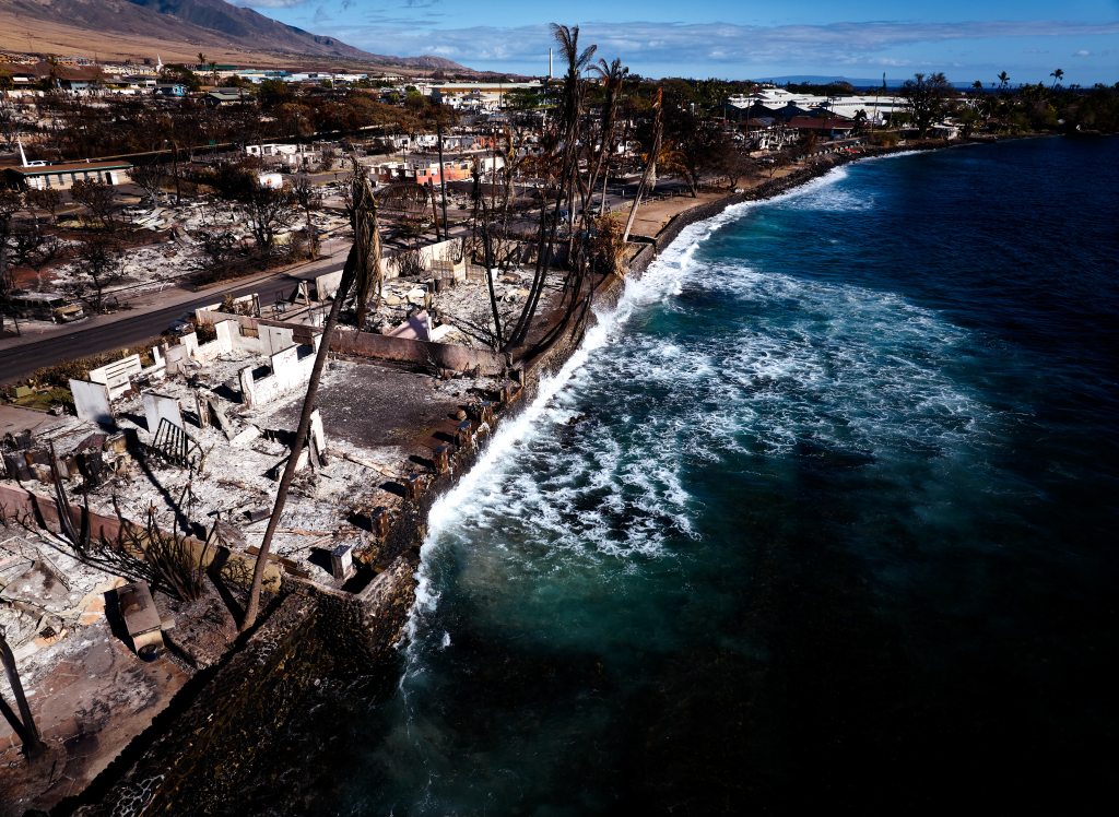 Destroyed buildings after a wildfire in Lahaina, Hawaii.  