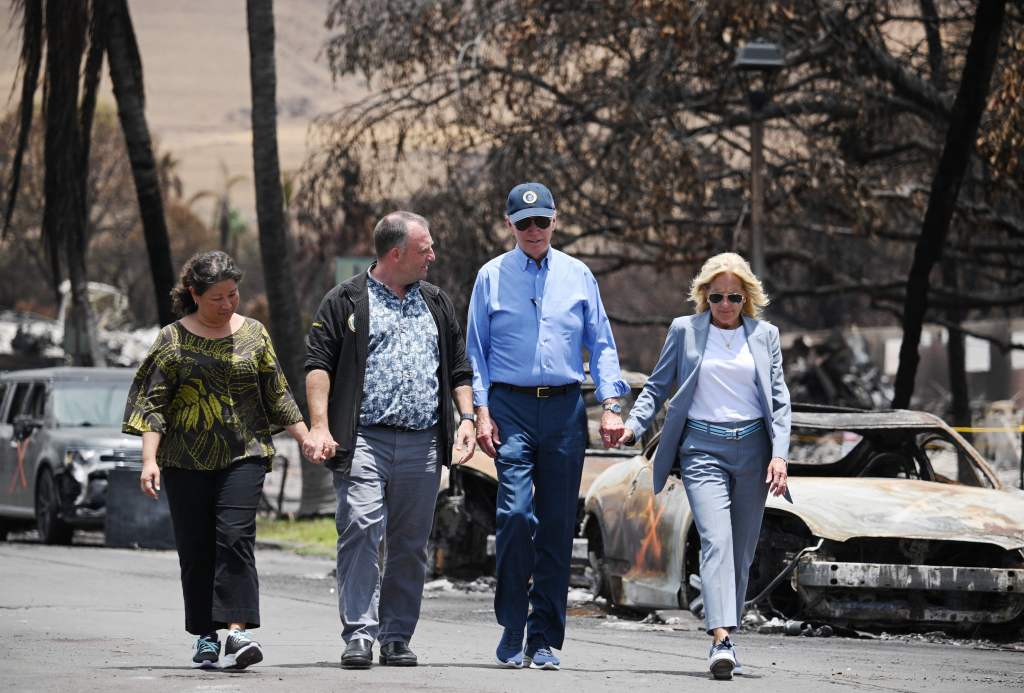 Biden inspecting the damage with first lady Jill Biden, Hawaii Governor Josh Green and first lady of Hawaii Jaime Green on August 21, 2023.