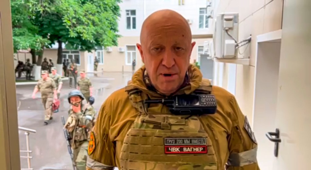 In this image from video provided by Prigozhin Press Service, Yevgeny Prigozhin, the owner of the Wagner Group military company, records his video addresses in Rostov-on-Don, Russia, Saturday, June 24, 2023.