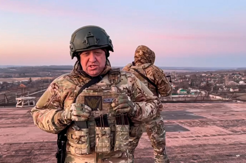 In this image from video provided by Prigozhin Press Service on Friday, March 3, 2023, Yevgeny Prigozhin, the owner of the Wagner Group military company, addresses Ukrainian President Volodymyr Zelensky asking him to withdraw the remaining Ukrainian forces from Bakhmut