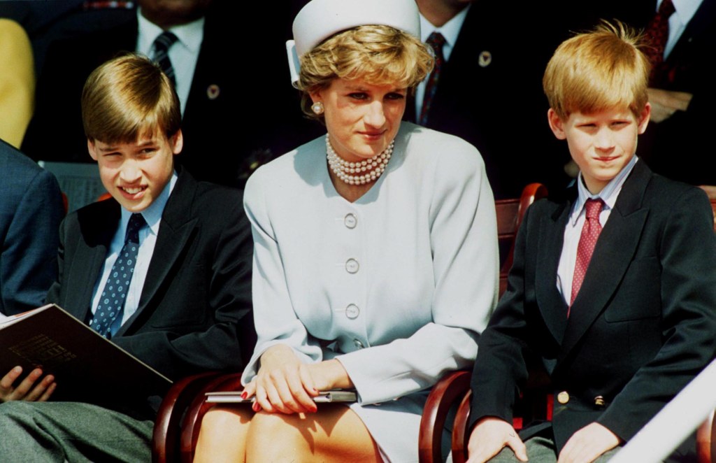 Princess Diana with her sons Prince William and Prince Harry at the Heads of State VE Remembrance Service in Hyde Park on May 7, 1995, in London.
