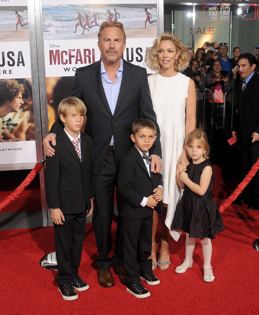 Actor Kevin Costner, wife Christine Baumgartner and children Grace Avery Costner, Hayes Logan Costner and Cayden Wyatt Costner