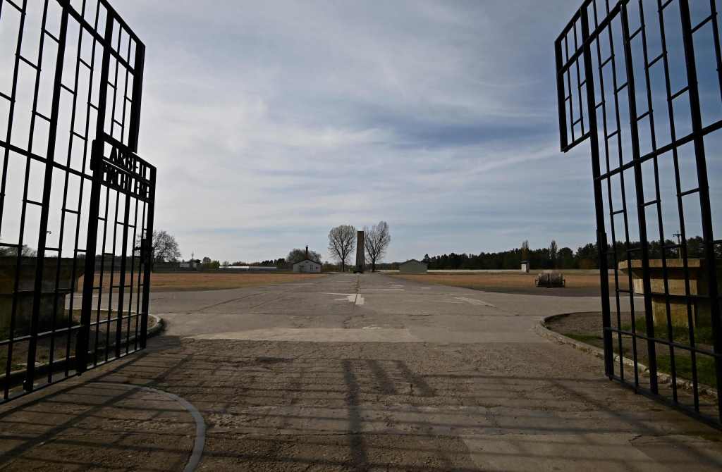 A view through the open gate of the former Nazi concentration camp of Sachsenhausen is seen in Oranienburg on April 16, 2020.