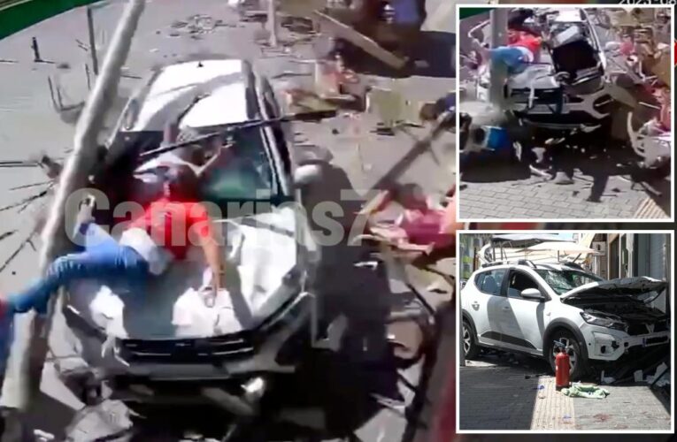 Video shows tourist plowing SUV into Canary Islands cafe