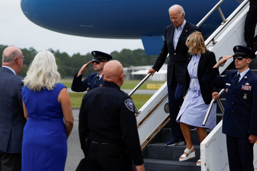U.S. President Joe Biden arrives with first lady Jill Biden aboard Air Force One on his way to tour Hurricane Idalia storm destruction after landing in Gainesville, Florida, U.S., September 2, 2023