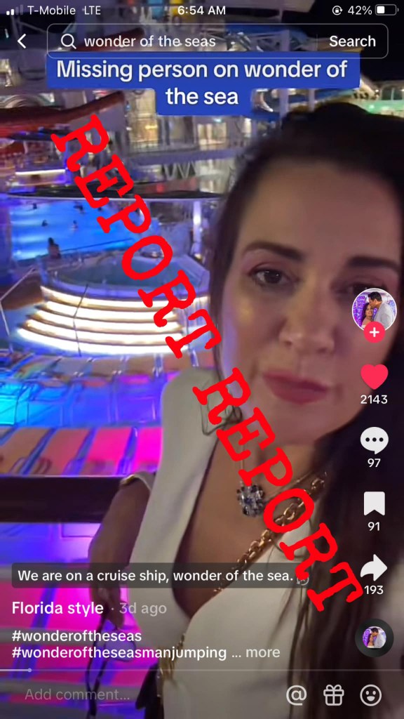 TikTok page of a woman who claimed she was aboard the cruise ship when a teen who went overboard Tuesday. She is seen on ship in TikTok video.