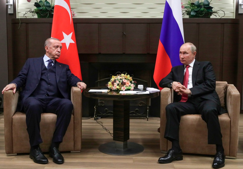 pictured are Russian President Vladimir Putin, right, and Turkish President Recep Tayyip Erdogan. 