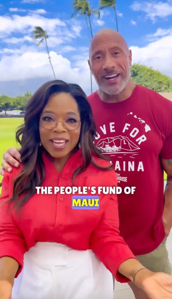 Oprah and The Rock together adresssing the camera. 