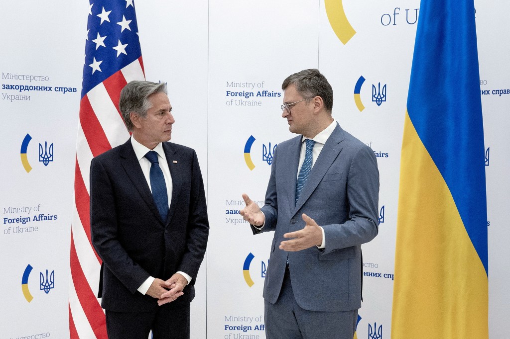 Ukraine's Foreign Minister Dmytro Kuleba and US Secretary of State Antony Blinken make a statement to media ahead of their meeting at the Ministry of Foreign Affairs in Kyiv,  Ukraine on September 6, 2023. 