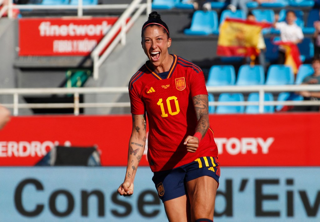 Spain's forward Jenni Hermoso celebrates scoring a goal during the women's international friendly football match between Spain and Norway at the Can Misses stadium in Ibiza on April 6, 2023. 