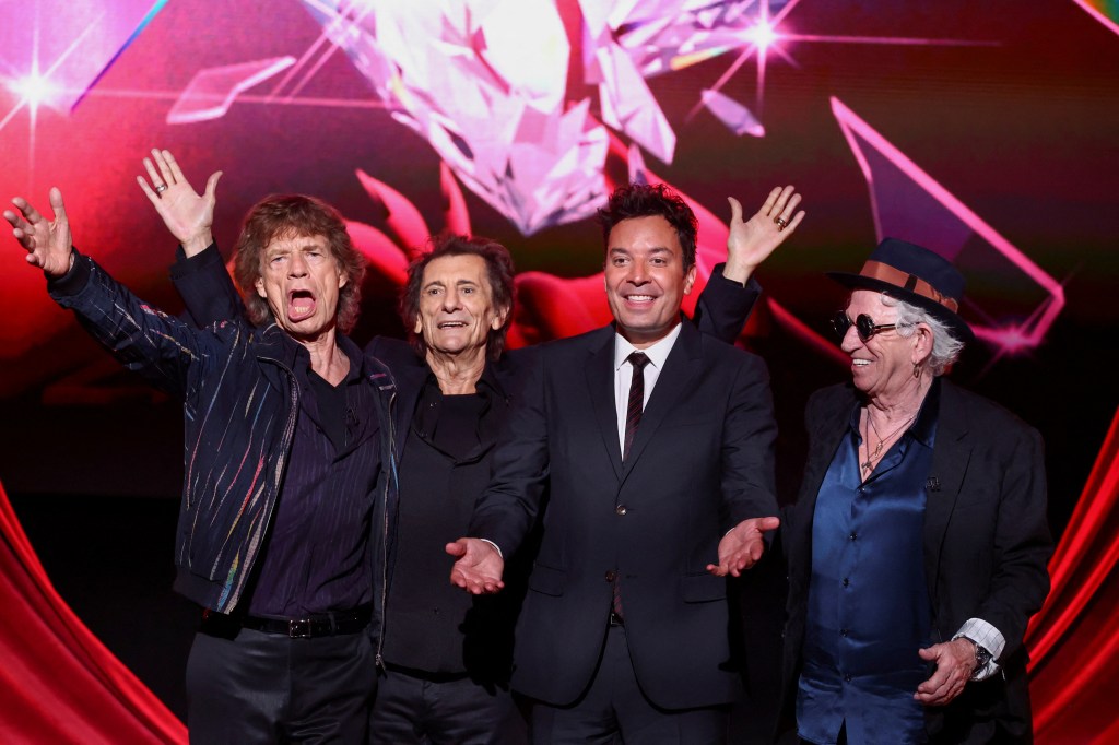 Mick Jagger, Ronnie Wood, Jimmy Fallon and Keith Richards at the Hackney Empire launch event.