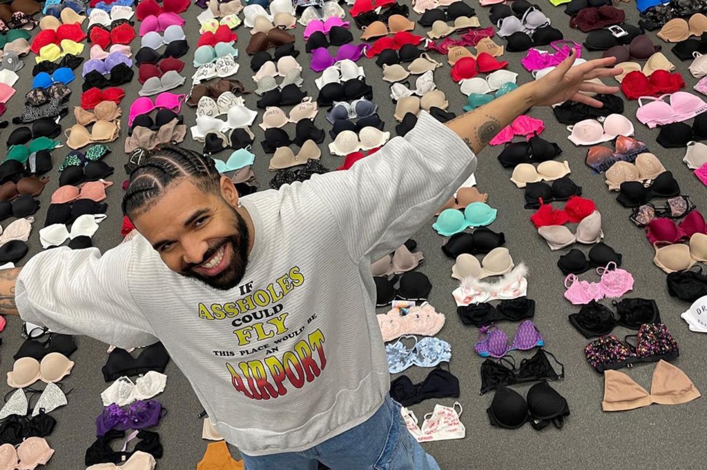 Drake posted a photo on Instagram Wednesday of the massive bra collection he has amassed from fans while on his It's All a Blur Tour.