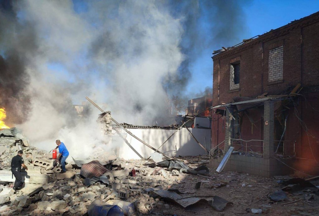 A damaged administrative building is pictured after a Russian strike in the Kryvyi in southern Ukraine