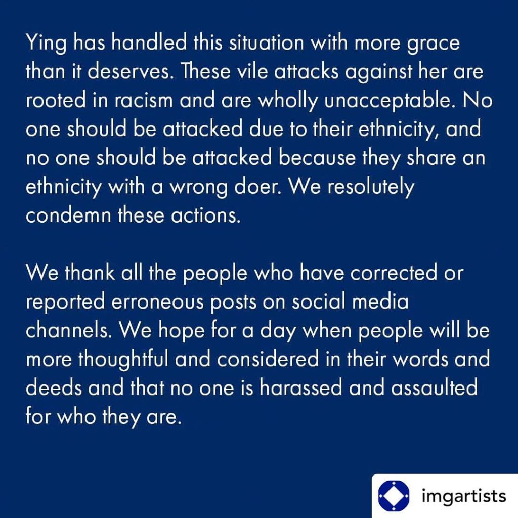 Ying reposted the statement, thanking them for their support. 