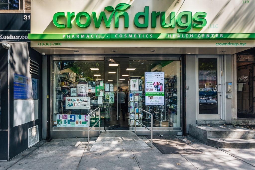 Storefront of Crown Drugs pharmacy in Brooklyn