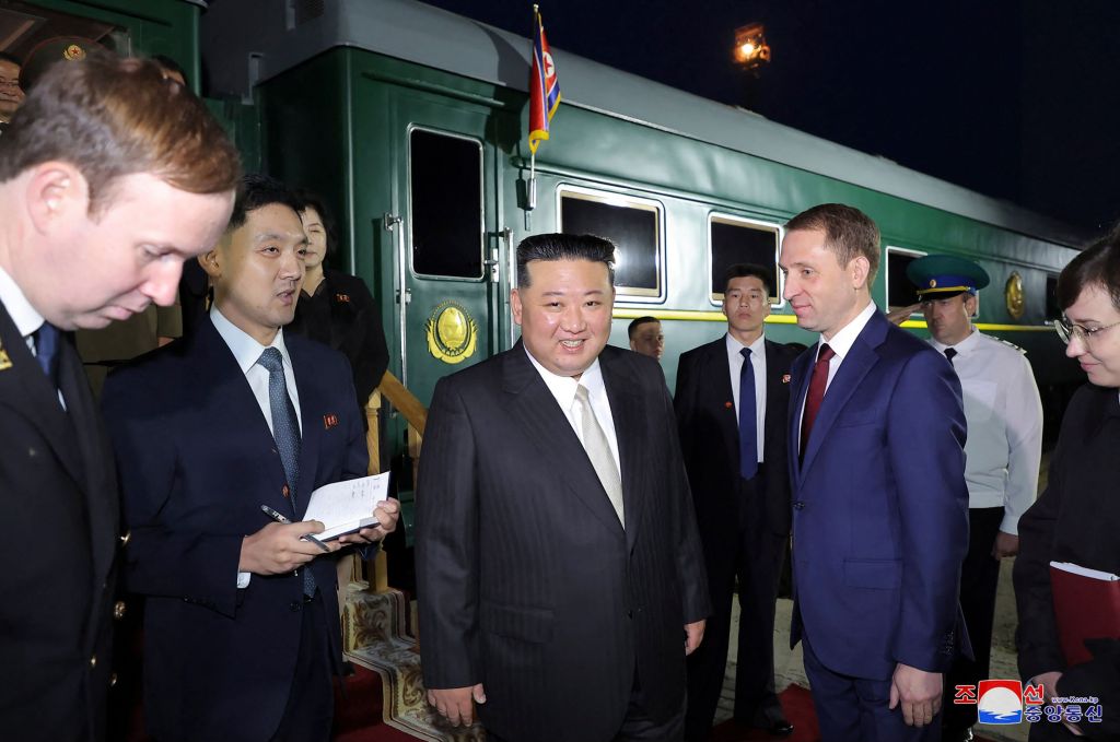 Kim’s personal train stopped in Khasan, a station on the Russia-North Korea border, early Tuesday where it was met by a military honor guard and a brass band.
