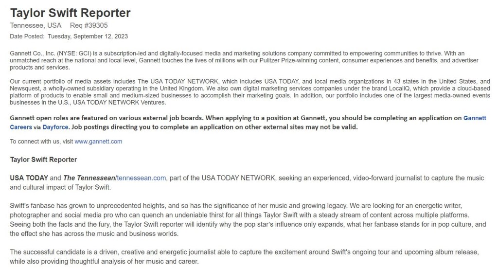 The Taylor Swift reporter job listing. 