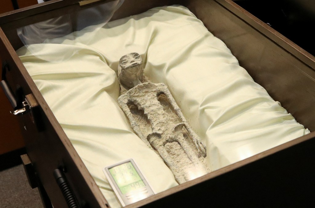 Two small "non-human" corpses were showcased in windowed boxes for politicians in Mexico City 