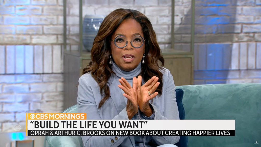 Oprah talking to the camera on CBS Mornings. 