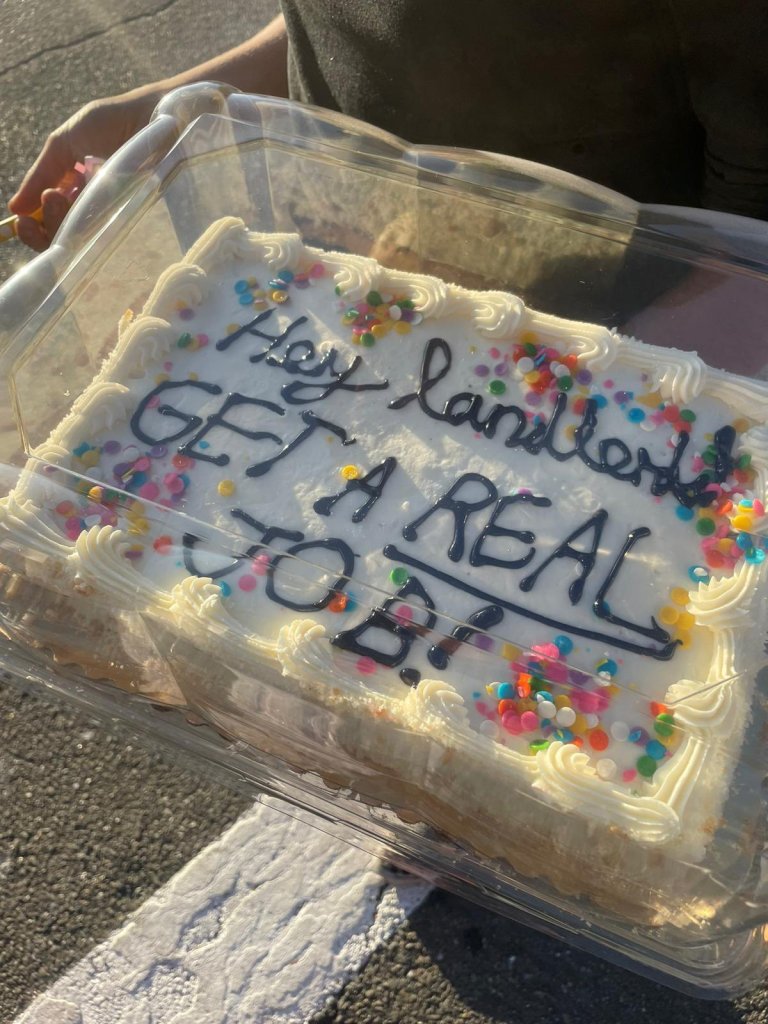 A cake brought to the protest in Berkeley. 