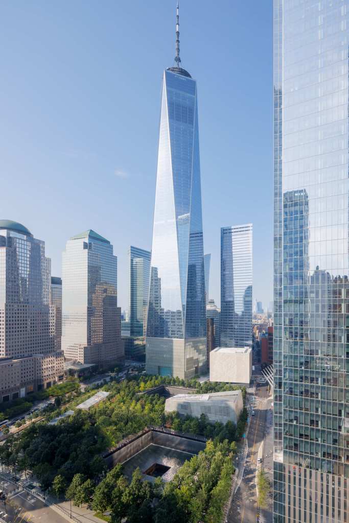 View of lower Manhattan including Perelman Performing Arts Center and National September 11 Memorial Museum