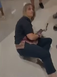 Christina Stanley, the school's principal sits on the ground after being knocked down trying to separate a fight.