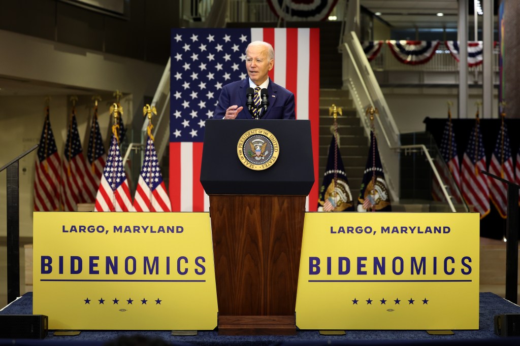 Biden is pictured speaking about Bidenomics in Maryland on Thursday.