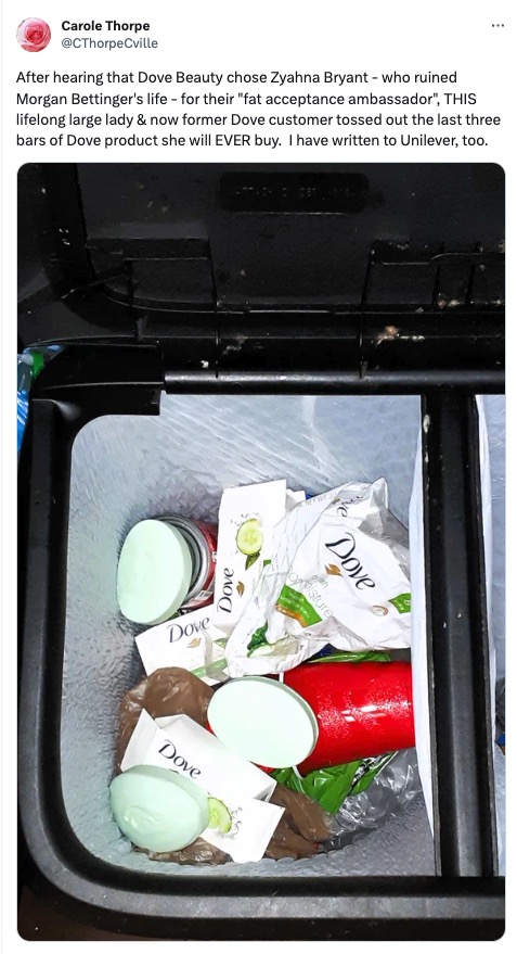 Carole Thorpe tweeted a photo showing Dove soap bars in a trash can.