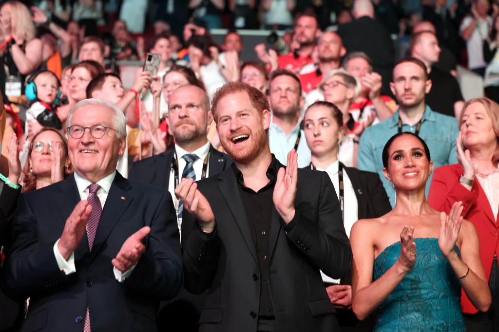 German Federal President Frank-Walter Steinmeier, Prince Harry, Duke of Sussex and Meghan, Duchess of Sussex attend the closing ceremony of the Invictus Games Düsseldorf 2023 at Merkur Spiel-Arena on September 16, 2023 in Duesseldorf, Germany.