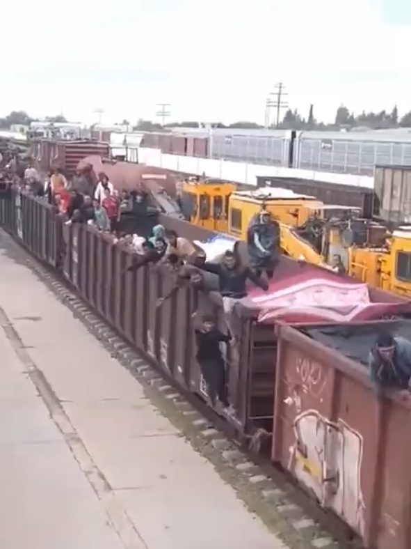 Migrants were seen stretching out of the cargo train as they cheered.