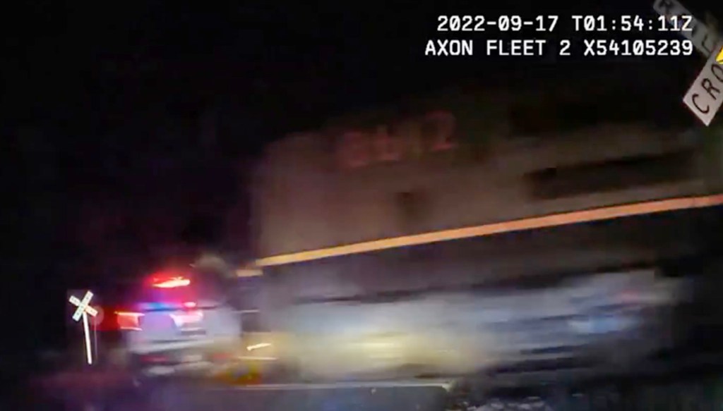 Screengrabs from Bodycam footage of Fort Lupton PD in Colorado showing a moment handcuffed suspect who was in a police SUV being hit by a train