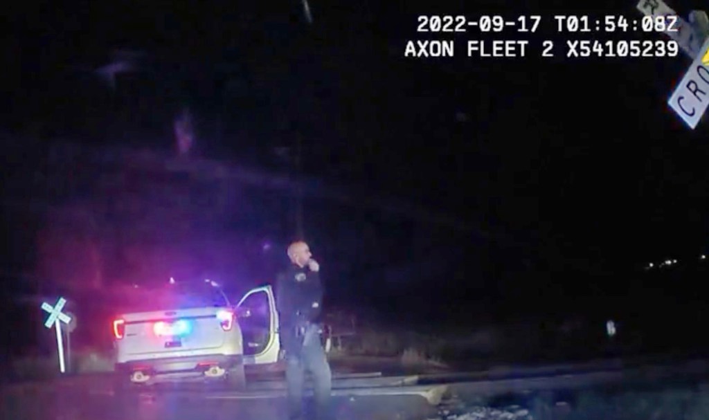 Screenshot from a bodycam video shows one of the officers involved in the traffic stop