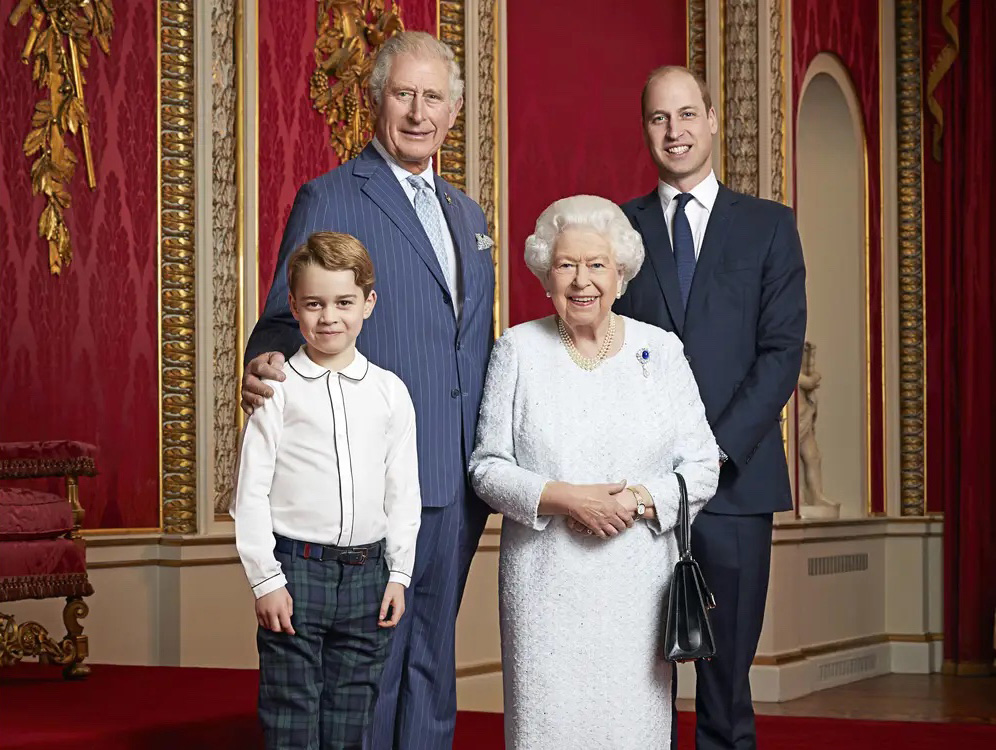 Queen Elizabeth II with Prince Charles, Prince William, and Prince George in a 2020 portrait.