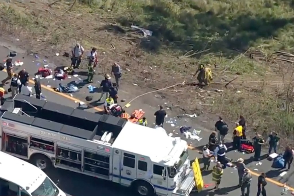 The bus overturned on I-84 in Pennsylvania.