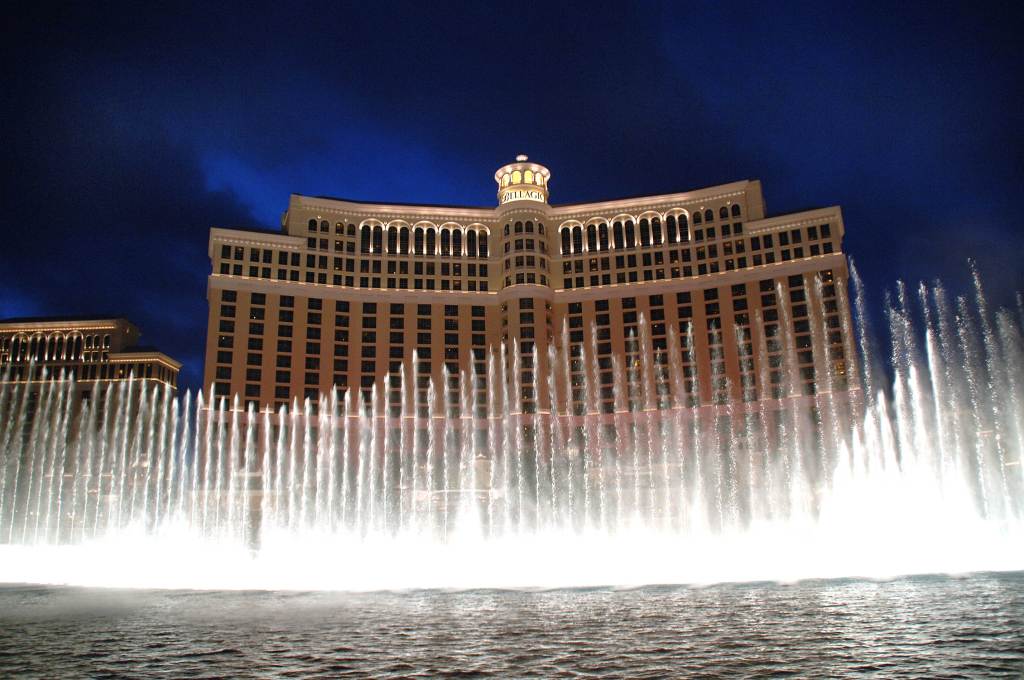 Shown are the famous dancing fountins in front of the Bellagio casino hotel on Las Vegas Blvd.