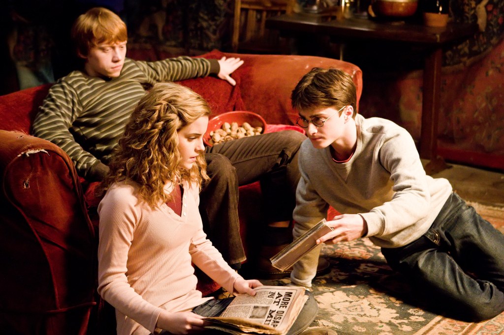 Emma Watson as Hermione Granger, Daniel Radcliffe as Harry Potter, and
Rupert Grint as Ron Weasley in "Harry Potter and The Half-Blood Prince."   