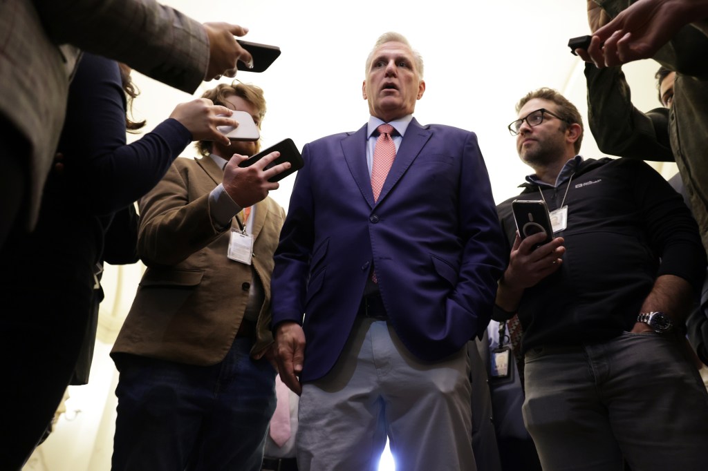 Kevin McCarthy is pictured speaking to reporters