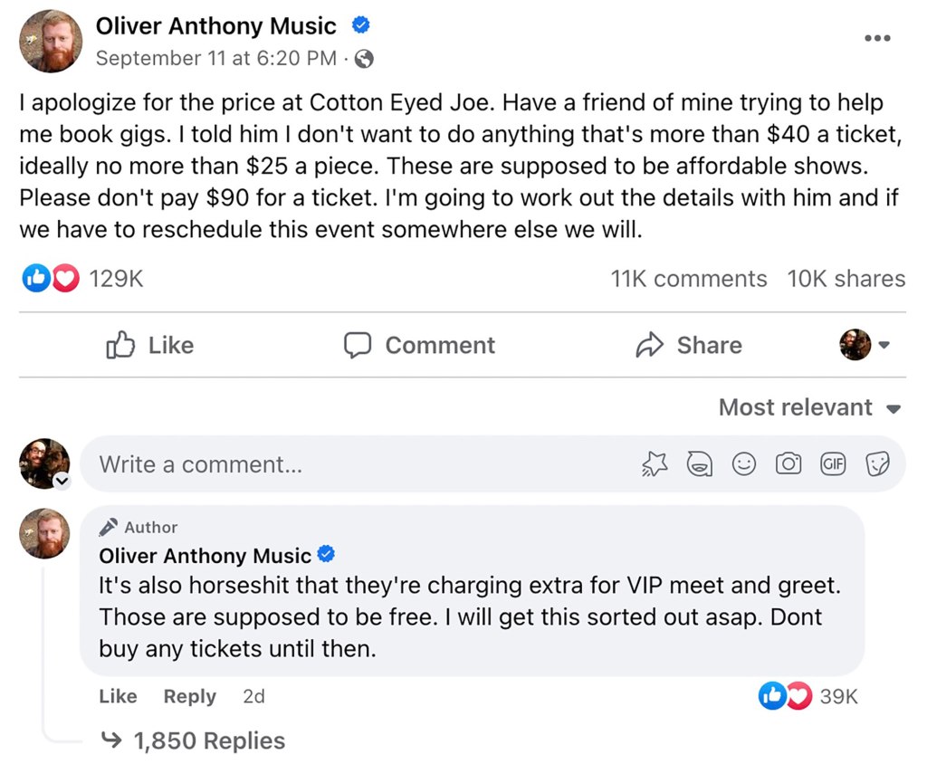 Oliver Anthony later apologized to Cotton Eye Joe about the incident in another Facebook post.