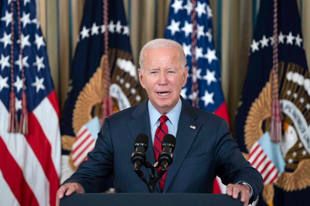 President Biden speaks to leaders of the International Longshore and Warehouse Union and the Pacific Maritime Association on finalizing a new labor contract covering West Coast ports at the White House on Sept. 6, 2023.  