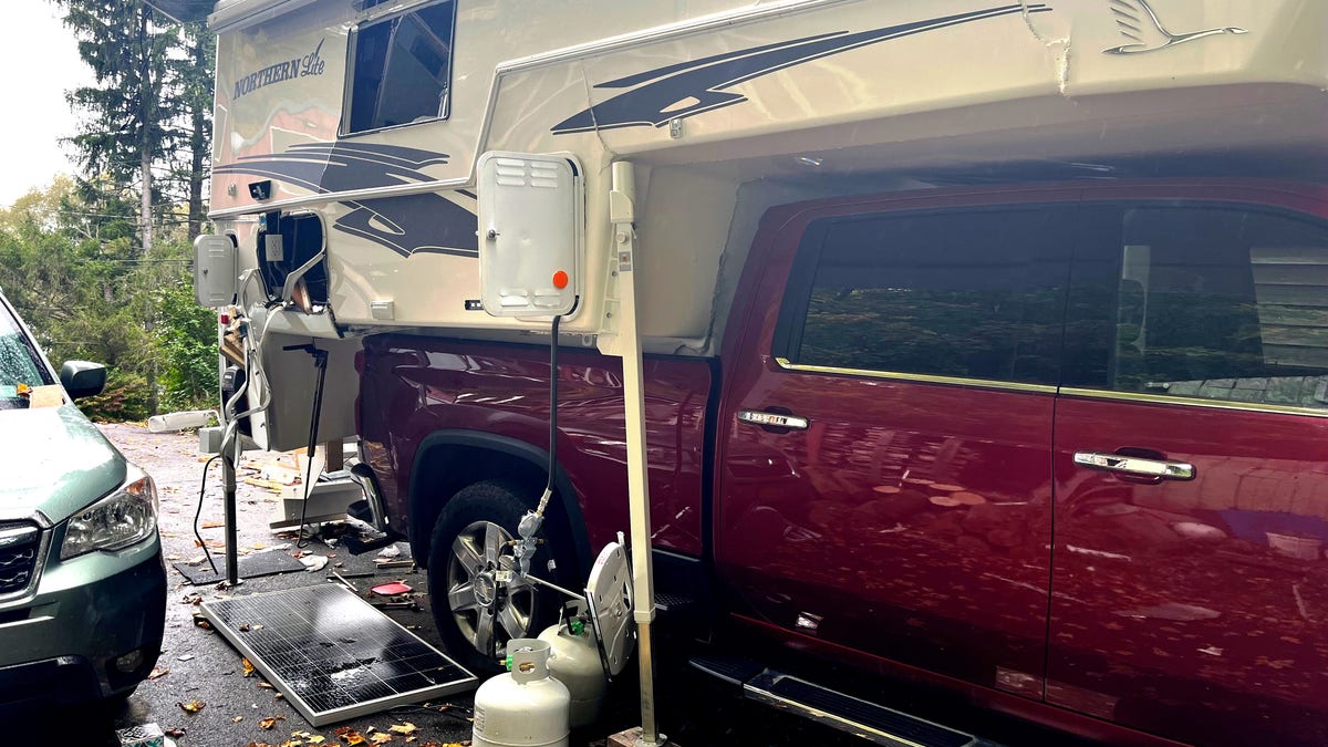 camper van with damage from explosion