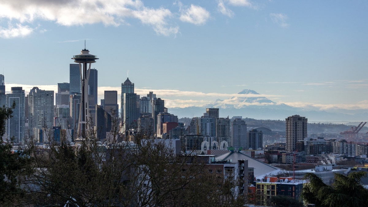 Space Needle towards left in daytime view of Seattle skyline