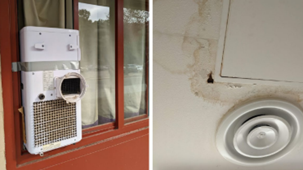 window a/c unit, left, with water damag to ceiling at right