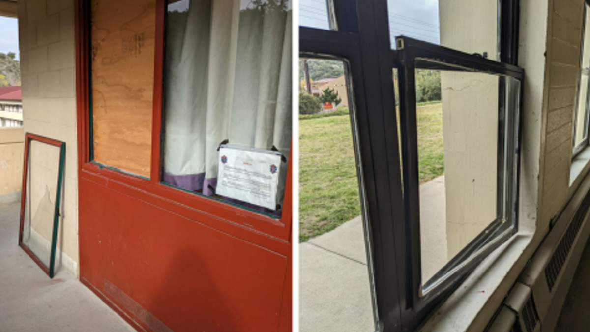 broken and unsecured windows in military barracks shown