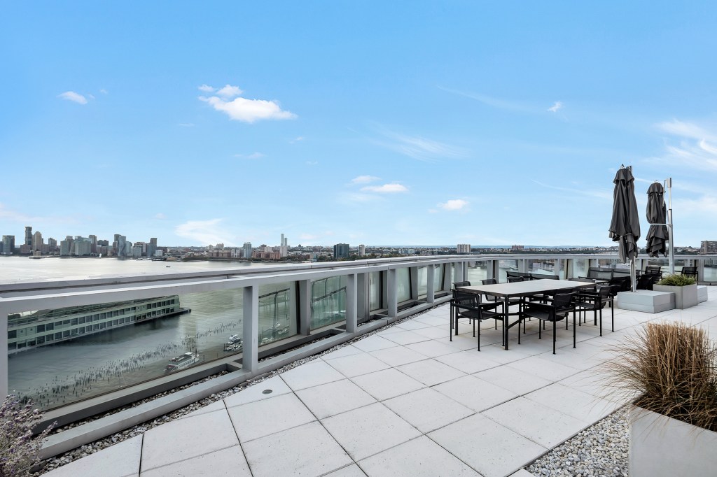 The expansive terrace with views of the Hudson River.