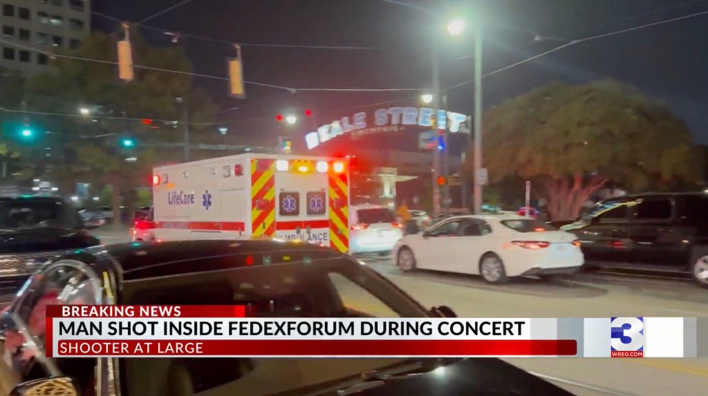 An ambulance can be spotted on the scene following the shooting at Lil Baby's concert in Memphis on Sep. 7, 2023. 